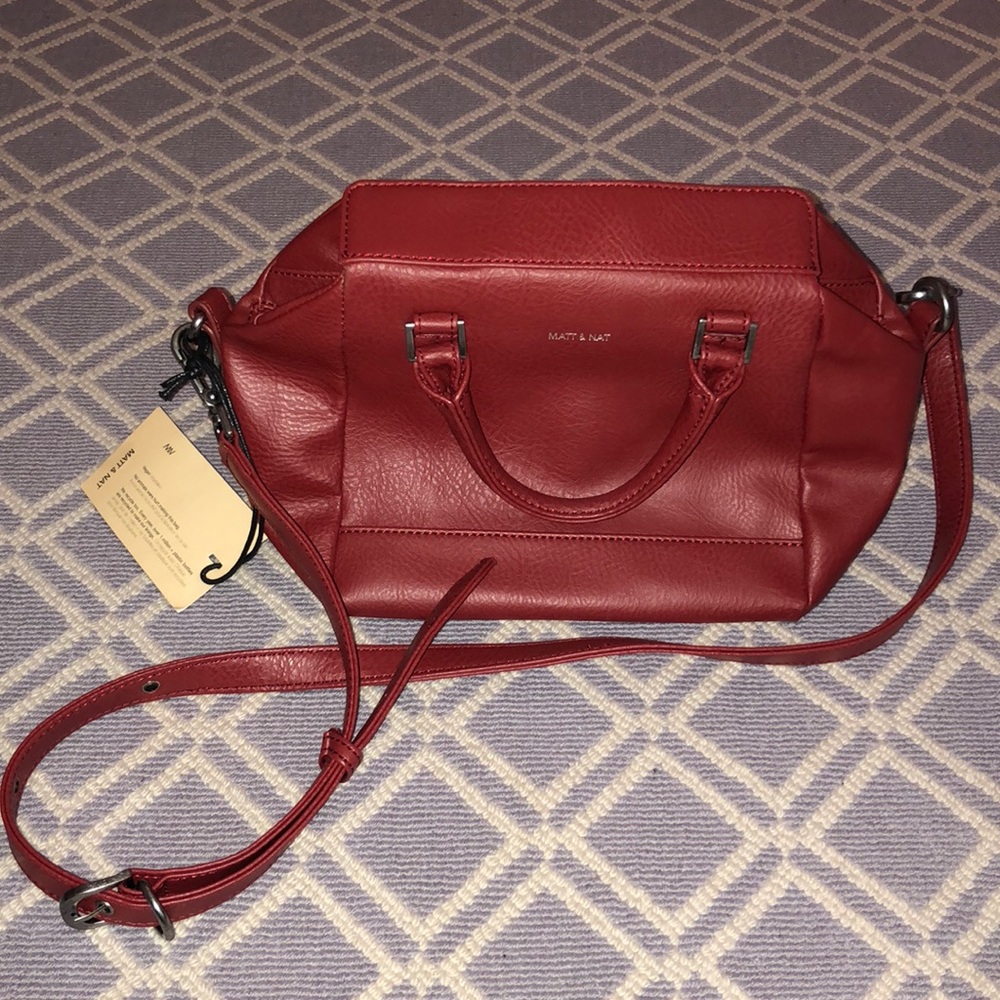 red vegan leather handbag